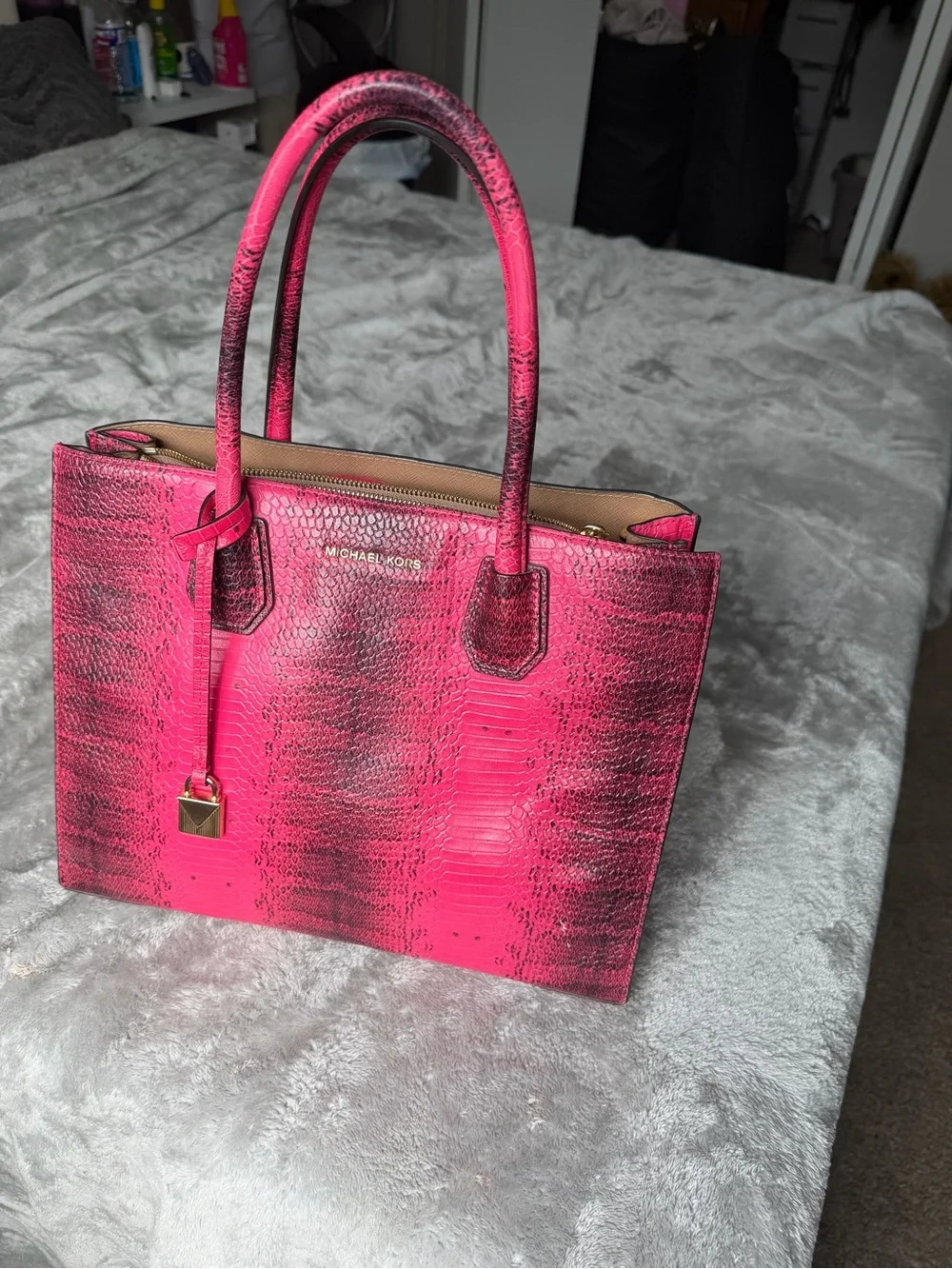 Michael Kors Hot Pink Embossed Tote with Gold Accents
